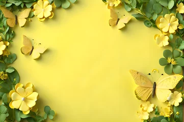Türaufkleber yellow color frame of clover leaves view butterflies 3d background landscape wallpaper © Ivanda