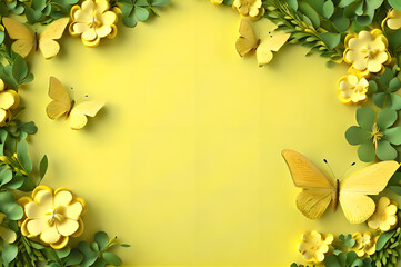yellow color frame of clover leaves view butterflies 3d background landscape wallpaper