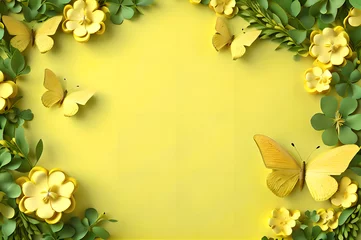  yellow color frame of clover leaves view butterflies 3d background landscape wallpaper © Ivanda