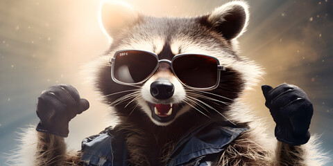 Funny raccoon in green sunglasses showing a rock,Cute raccoon wearing sunglasses - obrazy, fototapety, plakaty