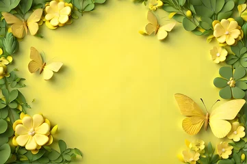 Foto op Aluminium yellow color frame of clover leaves view butterflies 3d background landscape wallpaper © Ivanda