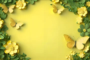Deurstickers yellow color frame of clover leaves view butterflies 3d background landscape wallpaper © Ivanda