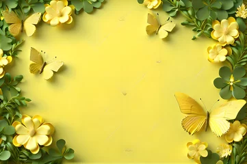 Foto op Canvas yellow color frame of clover leaves view butterflies 3d background landscape wallpaper © Ivanda