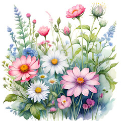 Obraz na płótnie Canvas Summer’s Symphony: A Watercolor Floral Ensemble. This image showcases a vibrant collection of summer flowers, painted with watercolor on a pristine white background. 