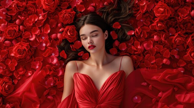 Floral Embrace in Scarlet Elegance, woman in a red dress lies enveloped in an abundance of roses, her peaceful expression echoing the romantic essence of Valentine's Day