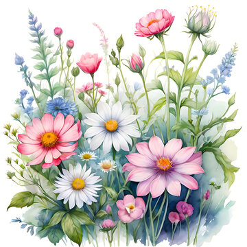 Summer’s Symphony: A Watercolor Floral Ensemble. This image showcases a vibrant collection of summer flowers, painted with watercolor on a pristine white background. 