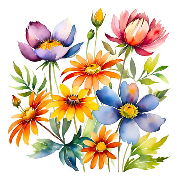 Summer’s Symphony: A Watercolor Floral Ensemble. This image showcases a vibrant collection of summer flowers, painted with watercolor on a pristine white background. 
