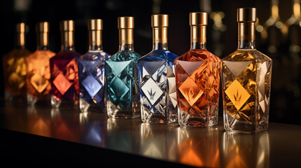 close-up of a few standout bottles place under a spotlight, drawing attention to their exquisite design and premium quality