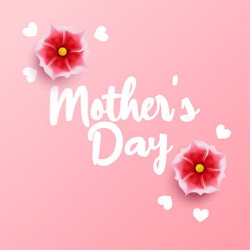 Mother's Day invitation card. Greeting card with pink realistic flower, calligraphic text and pink gradient background. Vector for sale, promotion, social media, website, ad, banner, poster, wallpaper