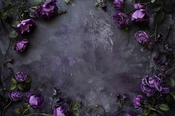 Dark purple floral frame with gothic roses on grungy textured concrete wall background