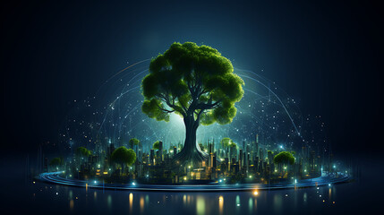 Concept of Environmental social governance ESG in futuristic glowing symbols on dark blue backgound