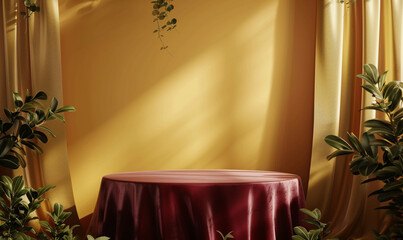 Elegance Unveiled Maroon Luxurious Fabric on Golden Pedestal
