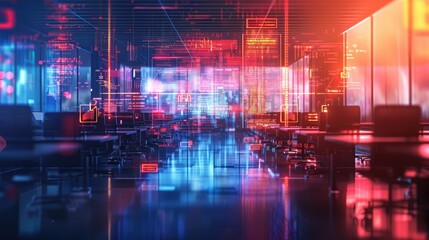office interior with information technology overlay on screen. cyberpunk office interior. cyberpunk city wallpaper. futuristic town city. synthwave urban wallpaper. Modern urban wallpaper, futuristic.
