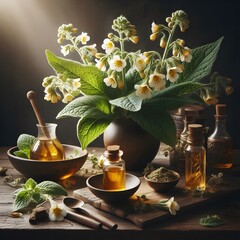 Medicinal herbs and essential oil in bottles on a dark background generated by ai 