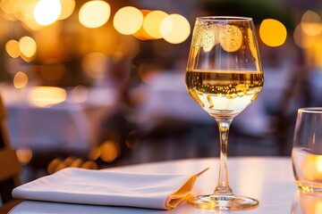 Elegant Outdoor Restaurant Table Setting with Glass of White Wine in Soft Golden Light, Night