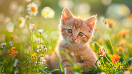 cat on the lawn of flowers. selective focus.