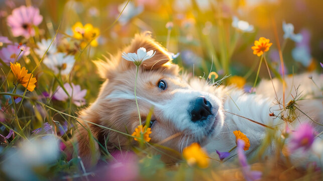 puppy on the lawn of flowers. selective focus.