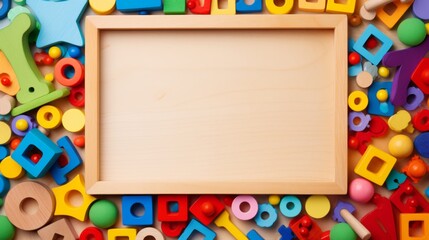 Baby kids toys frame on background, Toy many colorful educational wooden. play, Top view, executive function, kid, skill, education, intelligence quotient, emotional quotient, childhood, development - obrazy, fototapety, plakaty