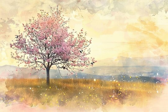 Enchanting autumn landscape painting with a lone tree adorned in delicate pink blossoms, digital watercolor art