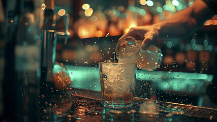 close up of a barman doing cocktail in the bar, barman in the pub, close up o a cocktail on the table