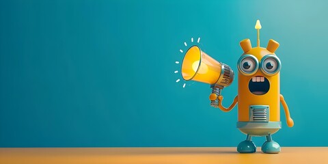 Energetic Character Amplifying Innovative Ideas with Megaphone on Vibrant Backdrop