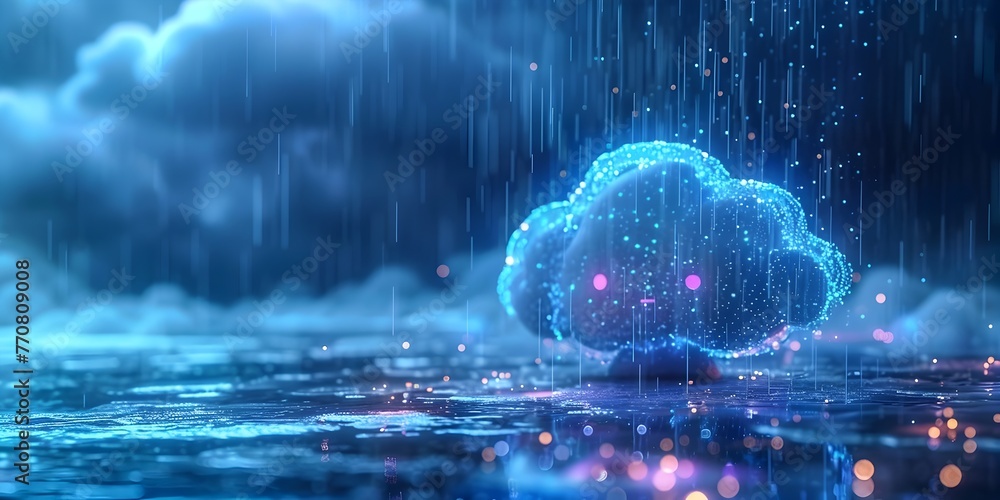 Poster raining data in cloud computing conceptual with digital storm and glowing particles