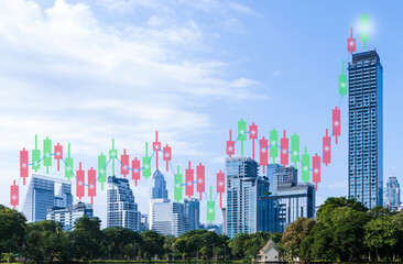Stock chart with cityscape view background
