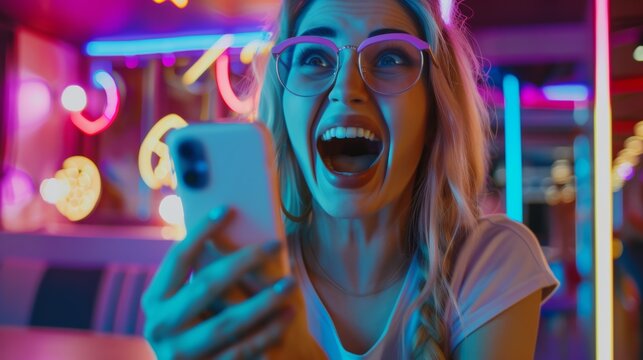 excited young woman play games by mobile phone make winner gesture. female winning mobile gambling. Wow face expression. Esport streaming game online, surprise, gamer, online, earning, new generation.