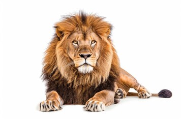 Majestic lion portrait with piercing eyes and lush mane, isolated on white background, wildlife photography
