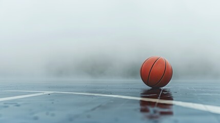 Basketball ball lying in the rain on an outdoor basketball court, AI generated