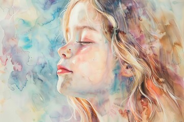 Ethereal watercolor painting of a young girl lost in worship, soulful spirituality art with soft pastel hues - obrazy, fototapety, plakaty