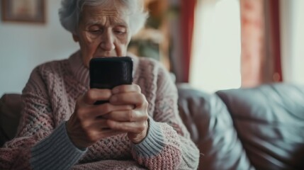 Fototapeta premium Happy senior female holding smartphone using mobile phone app. Technology, communication, happy adult woman with smartphone at home, recreation, communication, sociality, hobbies, adaptation