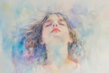 Ethereal watercolor painting of a young girl lost in worship, soulful spirituality art with soft pastel hues