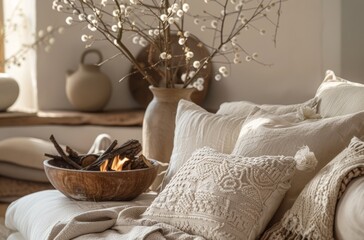 A cozy living room with plush beige and white cushions, an oak side table adorned with vases of dried branches, a wooden bowl filled with burning firewood, and soft blankets draped over the armrests