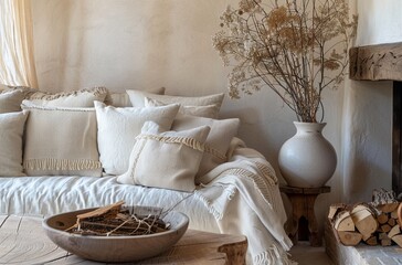 Fototapeta na wymiar A cozy living room with plush beige and white cushions, an oak side table adorned with vases of dried branches, a wooden bowl filled with burning firewood, and soft blankets draped over the armrests