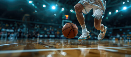 Fototapeta premium Basketball player is holding basketball ball on a court, close up photo 
