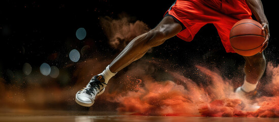 Basketball player is holding basketball ball on a court, close up photo	
