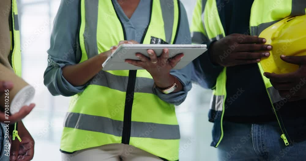 Canvas Prints Construction, team and tablet with people hands planning and civil engineering with project management. Conversation, teamwork and collaboration with development and contractor staff with blueprint