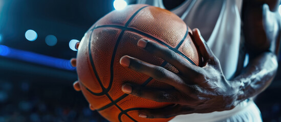 Basketball player is holding basketball ball on a court, close up photo	
 - obrazy, fototapety, plakaty
