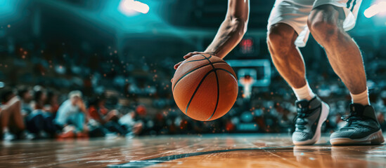 Basketball player is holding basketball ball on a court, close up photo	
