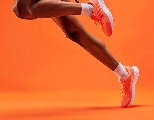 Sportive muscled woman, professional runner running away on yellow background in neon light. Sport, fitness, competition, speed and active lifestyle. Copy space for ad. Sunset
