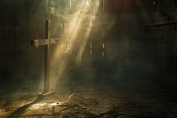 Divine light bathes wooden cross, stark simplicity, powerful Christ symbol, ethereal atmosphere - obrazy, fototapety, plakaty
