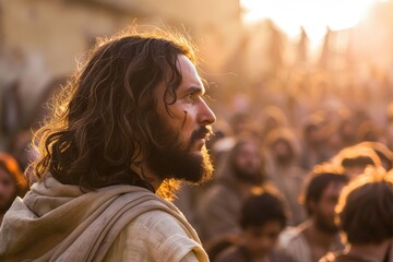 Jesus profile, speaking passionately, late afternoon light, focused faces in crowd, timeless moment
