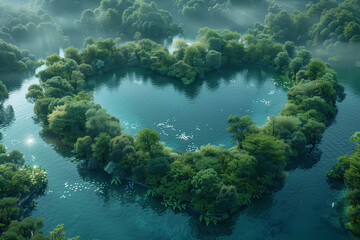 Lago in una foresta a forma di cuore, giornata della terra - obrazy, fototapety, plakaty