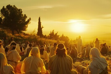 Jesus teaching atop a hill, wide shot, golden hour light, captivated crowd, serene, biblical era