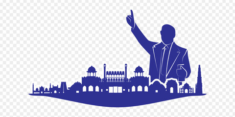 Vector illustration of BR Ambedkar silhouette with Indian monuments on transparent background - obrazy, fototapety, plakaty