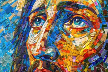 Naklejka premium Artistic mosaic, Jesus with loving eyes, vibrant peace colors, realistic scene, deep compassion focus
