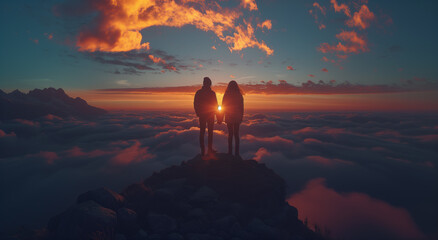 Man and woman on top of a mountain in winter at sunset.