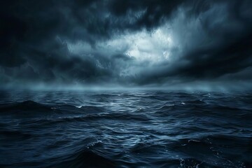 Haunting dark blue sky and sea, gloomy ocean with scary clouds, abstract horror background - obrazy, fototapety, plakaty