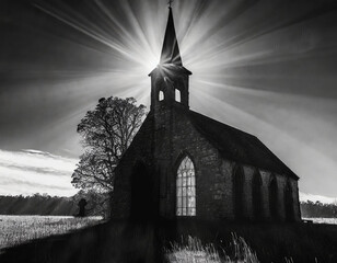 Rayons de soleil sur le clocher d'une église - obrazy, fototapety, plakaty